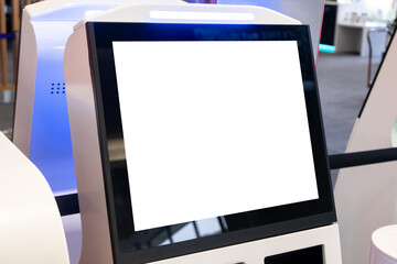 Close-up mockup background texture of an interactive digital touch screen on a self-help kiosk machine. A blank, white, modern electronic device with copy space for your design to be displayed