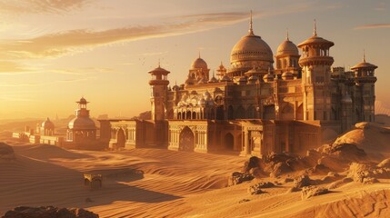 An opulent palace rising from the desert sands, its domed towers and intricate archways a testament to the wealth and power of its rulers. As the sun sets,  - obrazy, fototapety, plakaty