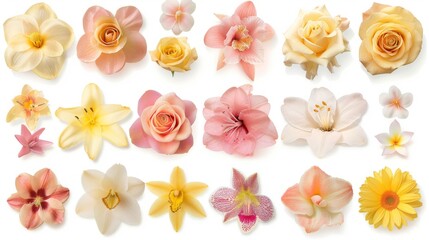 A Vibrant Collection Of Various Colorful Meadow Flowers Arranged on a White Background. Presenting unique shapes and colors, meticulously arranged to highlight their natural beauty.
