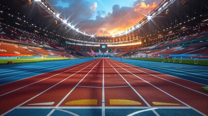 Empty Olympic track stadium. Summer Olympic Games mockup, copy space - obrazy, fototapety, plakaty