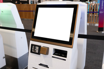 A mockup background of the interactive touch digital screen on a kiosk machine, with a passport scanner or reader, enables passengers to do self-check-in, buy ticket and obtain a boarding pass