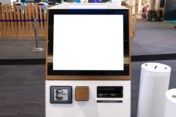 An empty blank white mockup template of a self-check-in kiosk at the airport, featuring a passport scanner, card reader, and interactive touchscreen interface for passengers to operate the instruction