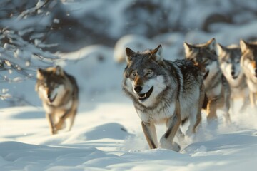 Group of grey wolves running in winter forest,  Animals in natural habitat