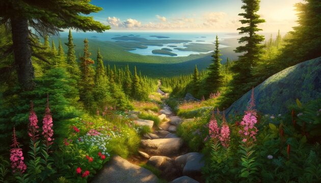 Hike up Gorham Mountain in summer, the trail is surrounded by lush greenery and adorned with wildflowers