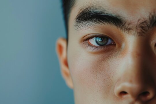 Close-up of a young man's eye with a reflection, showcasing detailed eyelashes and a brown iris.