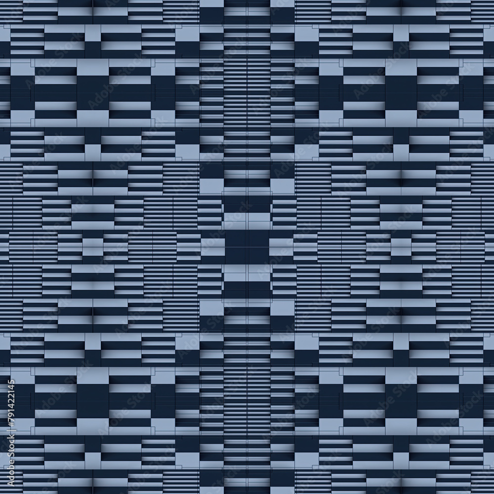 Leinwandbilder Blue-gray geometric symmetrical pattern of interlocking squares and rectangles. 3d rendering illustration