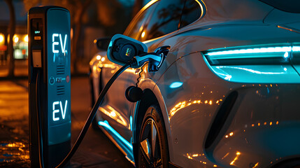 a close-up on the charging port area of a white electric car, with the charging cable securely connected and an illuminated "EV" indicator glowing to signify the charging process.