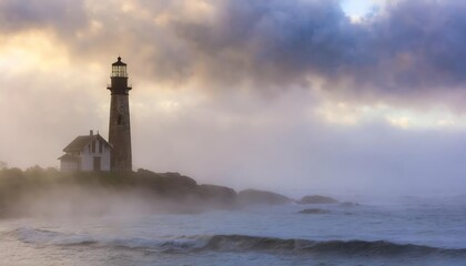 old weathered lighthouse, ocean, fog, dark morning light, dramatic clouds , generated by AI