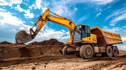 Yellow Excavator Filling Dump Truck in a Construction Site. Industrial Machinery at Work against a Blue Sky. Commercial Building Development. AI