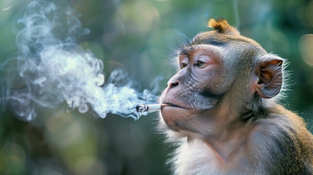 A monkey is smoking tobacco. Unhealthy habit, no smoking concept