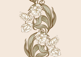 Terri Tulip flowers, decorative flowers and leaves in art nouveau style, vintage, old, retro style. Seamless pattern, background. Vector illustration. - 791422514