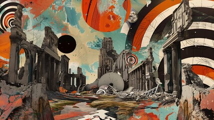 vintage collage style, adversarial pattern textures, winston smith aesthetic, wrecked buildings, human sacrifice imagery, apocalyptic scenes, ketamine funeral vision, hallucinatory swirls