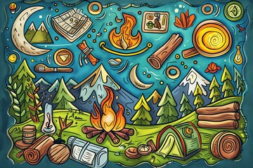 Cartoon cute doodles of a summer camp adventure, with campfires, hiking trails, and late-night stories under the stars, Generative AI