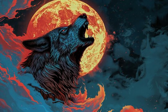 Illustration of a wolf howling in front of a full moon