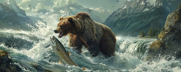 A grizzly bear hunting a salmon fish