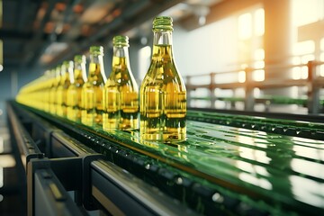Bottles of sunflower oil on conveyor belt in factory. - obrazy, fototapety, plakaty