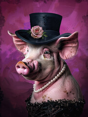 pig dressed as diamonds with a pearl necklace, wearing a black hat and with her hair up in an elegant bun
