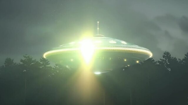 A flying saucer with lights over a forest