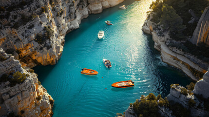 Boats on water Verdon Gorge in Provence France.