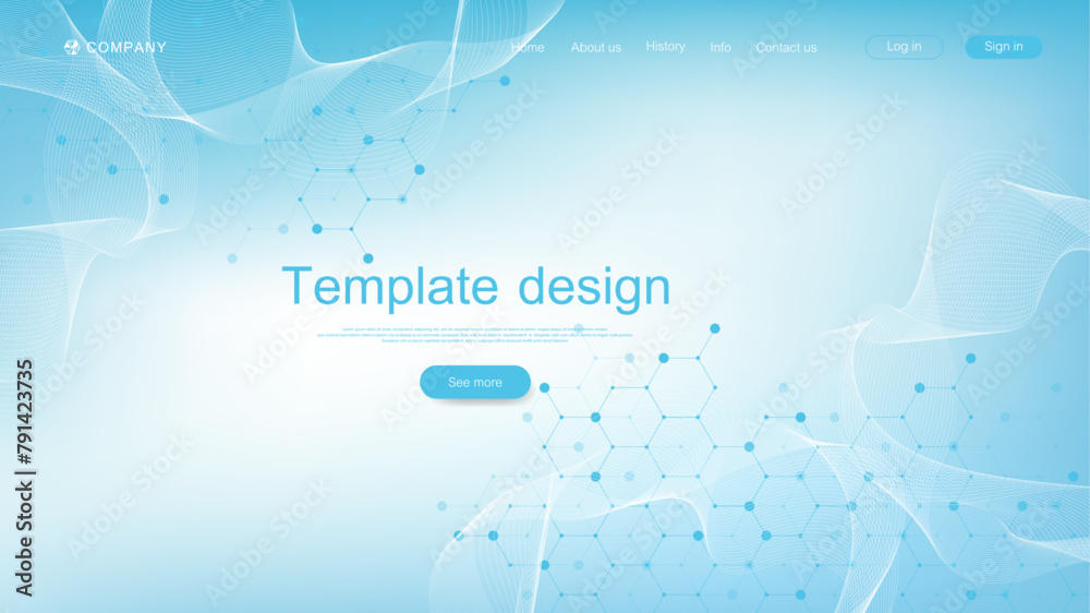 Aufkleber Scientific landing page template design. Horizontal health care header web banner. Abstract background with hexagons. Innovation pattern. Vector illustration.