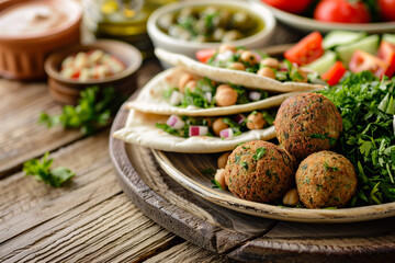Falafel with sauce. Vegetarian food. Israeli cuisine. Arabian food.