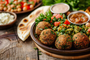 Falafel with sauce. Vegetarian food. Israeli cuisine. Arabian food.