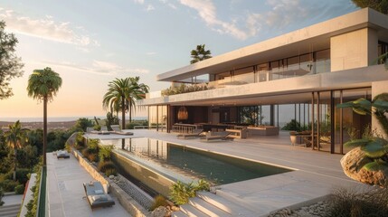 An ultra-modern villa with sleek lines and minimalist design, featuring infinity pools and rooftop terraces that offer panoramic views of the surrounding landscape, 