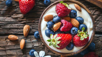 Greek yogurt with berries and nuts. Healthy meal. vegetarian dessert.