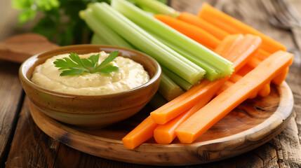 plate with hummus dip and vegetables sticks. Healthy vegan meal.