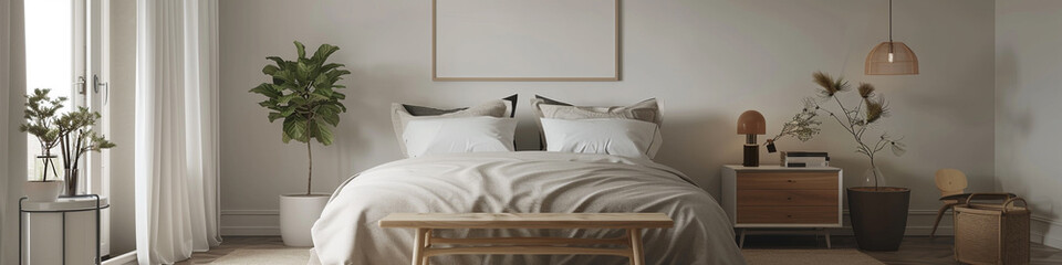 A serene bedroom with soft, pastel hues and minimalist furnishings, offering plenty of copy space for restful nights.