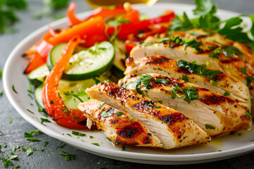 Sliced chicken breast with vegetables. Chicken salad. Healthy meal.
