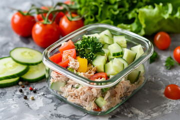 Tuna salad in lunchbox. Takeaway food. Healthy meal. Meal prep container with tuna salad.