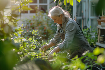 Happy senior woman taking care of plants outdoors in garden. Hobby on retirement. 