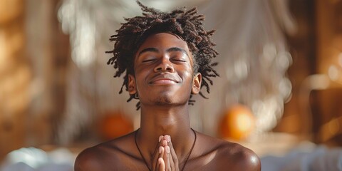 A serene man finds peace and happiness practicing yoga, radiating calm and contentment - obrazy, fototapety, plakaty