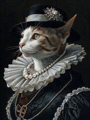 cat dressed as diamonds with a pearl necklace, wearing a black hat and with her hair up in an elegant bun