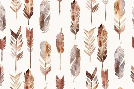 Seamless pattern of watercolor boho style arrows and feathers in earthy tones.