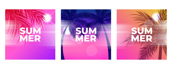 Summer backgrounds with palm trees and summer sun for creative Summertime season graphic design. Vector illustration.