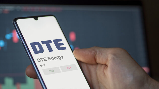 April 09th 2024 , Detroit, Michigan. Close up on logo of DTE Energy on the screen of an exchange. DTE Energy price stocks, $DTE on a device.