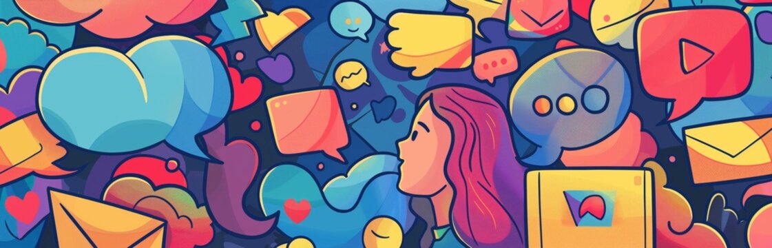 An eye-catching, colorful digital illustration representing the bustling world of social media and modern communication