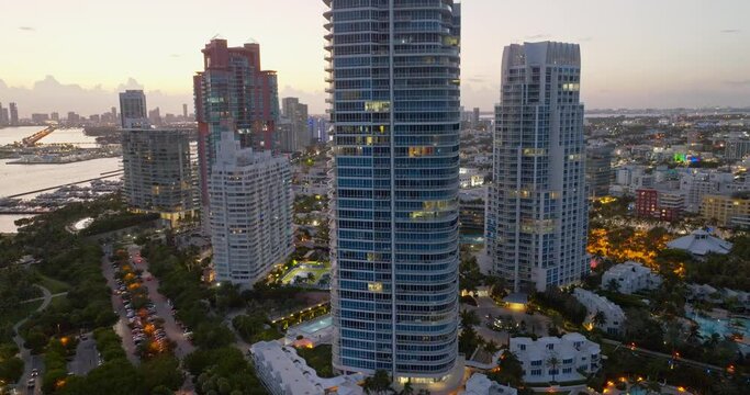 South Beach, Miami Beach. Florida. Aerial view. Paradise. South Pointe Park and Sea Pier. Ocean Drive, Collins avenue in Miami. Famous Miami, Art Deco Miami at twilight.