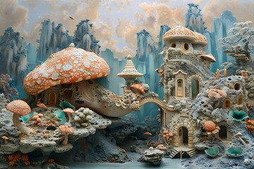 A painting of a fantasy world with a bridge and houses made of mushrooms