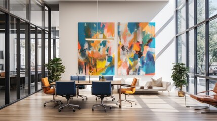 modern office interior with colorful abstract paintings