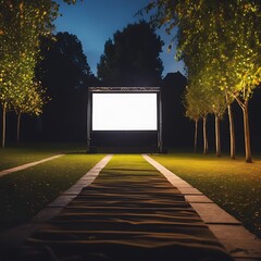 A large white screen is set up in a park at night