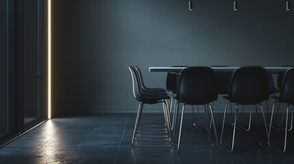 A row of sleek, modern chairs arranged neatly around a minimalist table in an otherwise dark room.