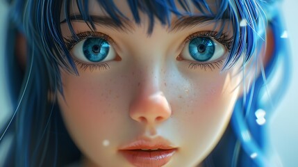 A girl with blue eyes and blue hair