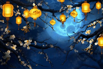 Obraz na płótnie Canvas Chinese New Year lanterns, full moon and cherry blossom tree