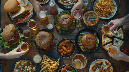 Lockdown fast food dinner from delivery service, Flat-lay of friends sitting and having beer quarantine party with burgers, french fries, sandwiches, pizza and salad over table background, top view - obrazy, fototapety, plakaty