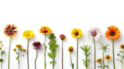 Obraz premium A Vibrant Collection Of Various Colorful Meadow Flowers Arranged on a White Background. Presenting unique shapes and colors, meticulously arranged to highlight their natural beauty.