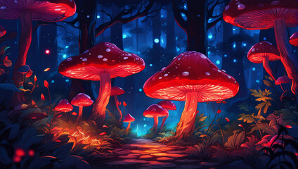 Fantasy red mushroom in the forest.