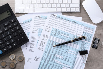 Tax accounting. Flat lay composition with calculator and documents on wooden table